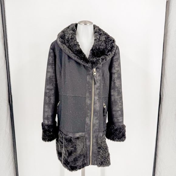 Guess Black Leather Jacket with Fur Trim and Asymmetrical Zipper - Picture 1 of 8